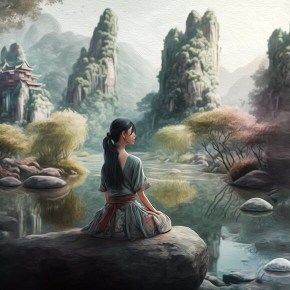 8x10 Lady Meditating on a‎ Rock Fantasy Art Oil Painting Print - Picture 2 of 6